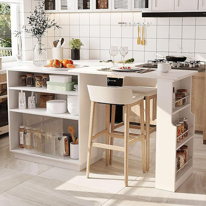 Modern Counter Height Dining Table,Extendable Kitchen Island & Buffet with Acrylic Sliding Doors,Pegboard,Half-Open Storage Shelves,Aluminum Alloy Handles (White-MC)