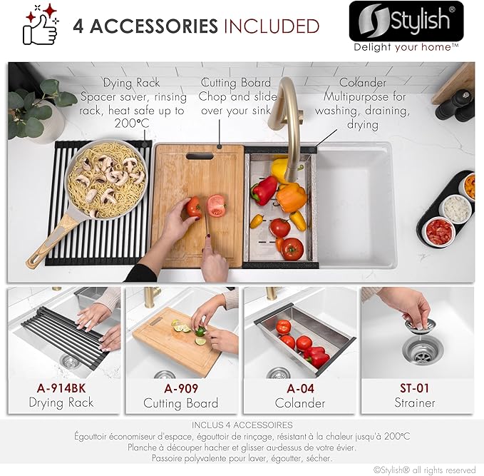 Stylish 32 x 18 Inch Composite Granite Workstation Kitchen Sink, Single Bowl Under Mount & Drop in, 9.5 in Deep, with Cutting Board, Roll-Up Drying Rack, Colander & Strainer, White, S-832WH