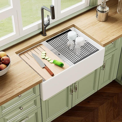 33In White Farmhouse Sinks for Kitchens, DeerValley 33 Inch Farm Kitchen Sink Workstation Flat Apron Front, White Fireclay Single Bowl Kitchen Basin with Cutting Board, Dish Rack & Grid, Easy to Clean