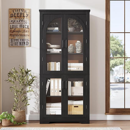 Garvee 70" Tall Kitchen Pantry Cabinet - Modern Display Cabinet with 4 Arched Glass Doors and Adjustable Shelves, Versatile Cupboard Organizers for Kitchen, Dining Room, Living Room, Bathroom, Black