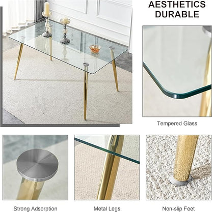 Baysitone Glass Dining Table for 4 with 63 inch Clear Rectangular Glass Top, 0.31" Modern Tempered Glass Kitchen Table Furniture with 4 Gold Plating Metal Legs for Home Dining Room