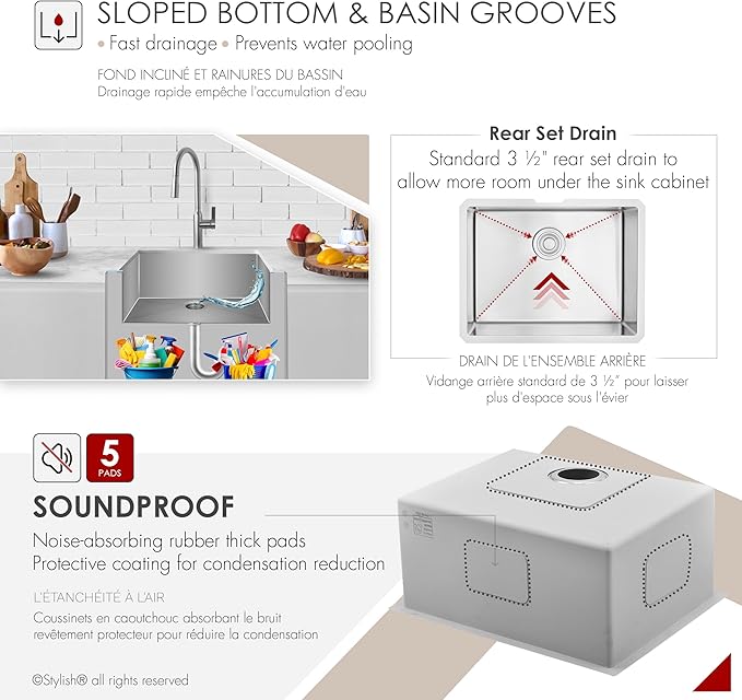 Stylish 23 x 18 Inch Undermount Kitchen Sink 16G Stainless Steel 10mm Radius Corners Single Bowl Kitchen Sinks with Bottom Grid and Luxury Basket Strainer, S-307XG