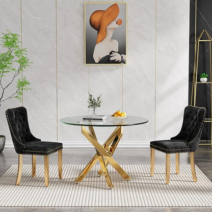 36'' Round Glass Dining Table for 2-4, Round Dining Room Table with X-Shape Metal Legs for Kitchen Living Room, Glass and Gold Kitchen Table for 4