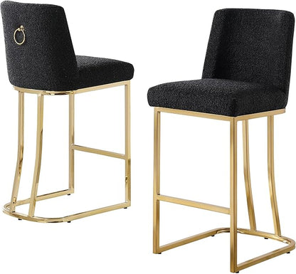 Modern Chairs Set of 2, Chrome Side Chairs & Counter Stools with Ring Pull Back, Luxury Upholstered Chairs for Kitchen Island, Dining Room & Home Bar (Velvet, Black/Gold, Counter Height Chair)