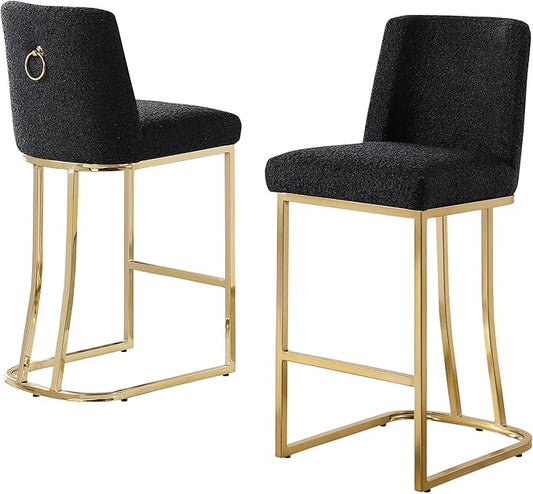 Modern Chairs Set of 2, Chrome Side Chairs & Counter Stools with Ring Pull Back, Luxury Upholstered Chairs for Kitchen Island, Dining Room & Home Bar (Velvet, Black/Gold, Counter Height Chair)
