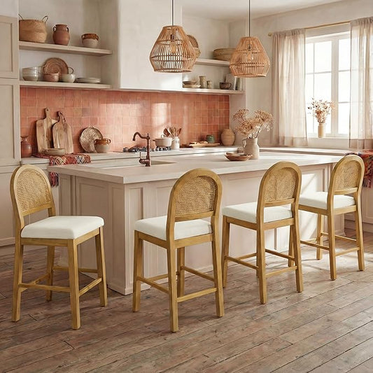 Rattan Counter Height Bar Stools Set of 4, Upholstered Farmhouse Barstools with Natural Rattan Back, Wooden Legs for Kitchen Island, Walnut/Linen,2 Box
