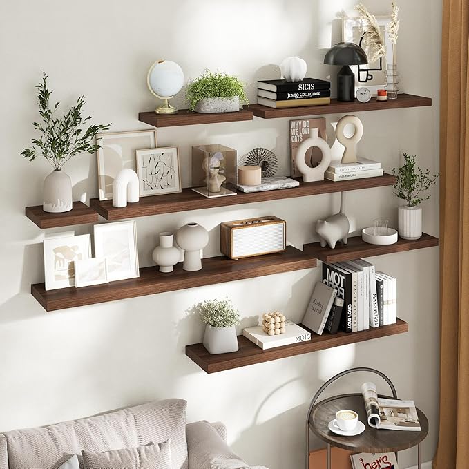 30 Inch Floating Shelves for Wall Set of 2, 8"D Wood Grain Bathroom Shelves with Invisible Brackets, Easy Install Engineered Wood Storage Shelves for Kitchen, Living Room, Bedroom, Walnut Finish