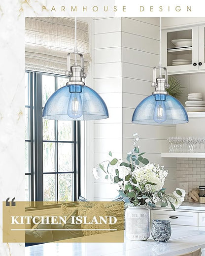 Pendant Lights Kitchen Island, 10.5" Farmhouse Pendant Lighting with Blue Seeded Glass Shade, Vintage Hanging Light Fixtures for Dining Room, Brushed Nickel, AD-22151-1PL-SN-BL