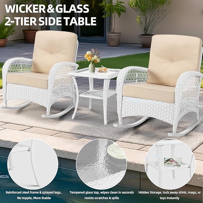MEETWARM Wicker Outdoor Side Table, All-Weather Patio Rattan Side Table with Tempered Glass Top and Storage Shelf, Small Patio End Table for Outside Indoor Outdoor Balcony Porch Deck, White