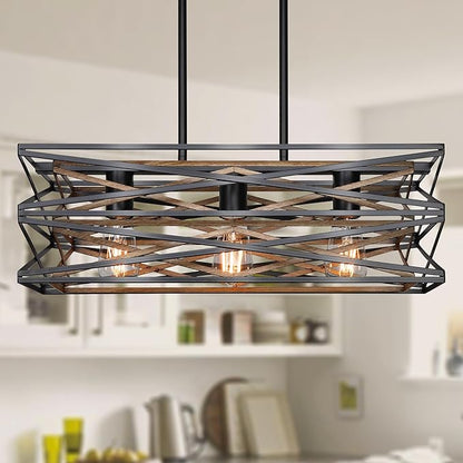 Sigaitwei 21''Farmhouse Dining Room Light Fixture,3-Light Kitchen Island Lighting,Industrial Chandelier for Dining Room Over Table Kitchen Bar,Linear Chandelier with Retro Wood Texture Interior
