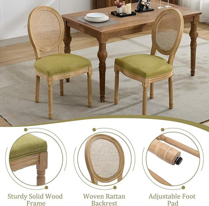 Linen Wooden Dining Chair Set of 2, Upholstered Farmhouse Dining Chair with Solid Wood Frame, Kitchen & Dining Room Chairs for Living Room, Restaurant, Bedroom (Green-Rattan, Set of 2)