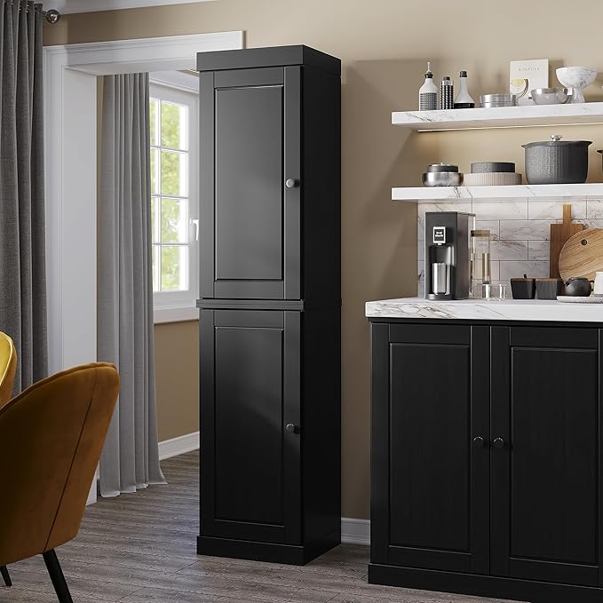 Palace Imports Solid Wood Pantry Cabinet - Tall Narrow Storage Cabinet with Raised Panel Doors - 16.5" W x 71.5" H - Black, Kitchen Cupboard, Adjustable Shelves, 100% Eco-Friendly Wood, Modular