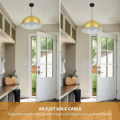 Gold Pendant Light, 20" Farmhouse Ceiling Light with Gold and White, Elegant Semi-Circular Shade Design, Adjustable Height Industrial Dome Pendant Lights for Kitchen Island, Dining Room