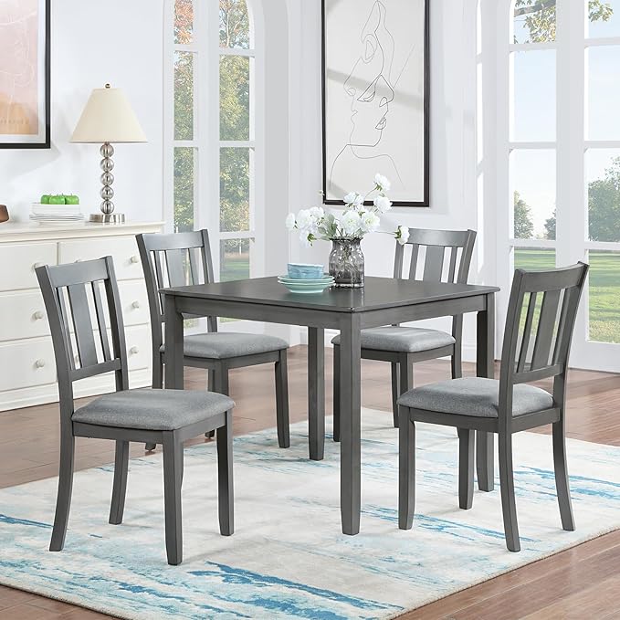 34" Solid Wood Construction Dining Table, Island Table with Spacious Square Top, Rustic Dining Tables with Sturdy Tapered Legs for Small Kitchen & Family Gatherings, Gray