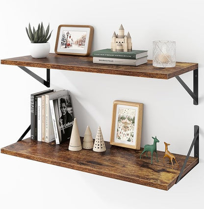 Acovy Deep Floating Shelves Wall Mounted, 30"x12" Brown Wood Shelves with Brackets Set of 2 for Bedroom, Living Room, Bathroom, Kitchen, Office - Storage & Display Shelf for Decor, Books, Plants