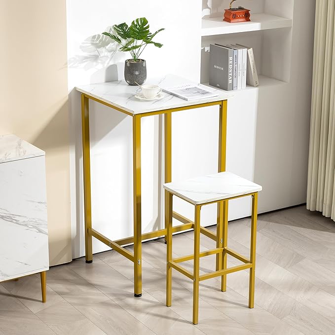 Finnhomy Bar Table, 23.6" Pub High Top, Square Bar Height, Counter Height Cocktail, Small Kitchen Set for 2, Breakfast for Kitchen, Living Room, White Marble and Gold