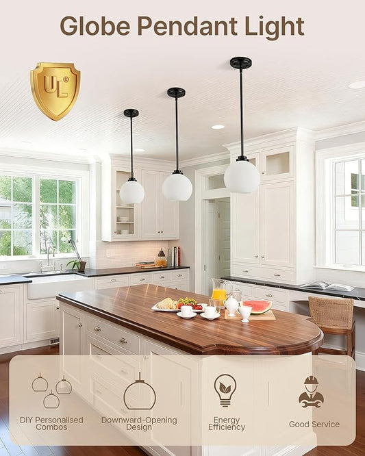 Majade Globe Pendant Lights Kitchen Island Pendant Light Fixtures 7.4 Inch Black Mid Century Modern Globe Pendant Lighting with Milk Glass Adjustable Hanging Light Fixtures for Dining Room(2 Pack)