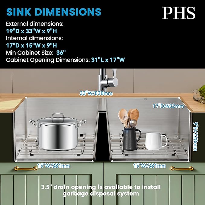 PHS 33-Inch Undermount -50/50 Double Bowl 16 Gauge Stainless Steel Kitchen Sink with Accessories, 9 Inch Deep Sinks with Brushed Finish