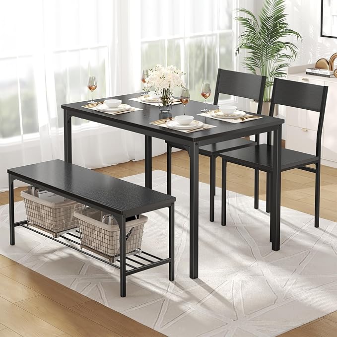 DUMOS Dining Table, Dining Table Set for 4 with Bench, Easy to Assemble Kitchen Table, Space-Saving Ideal 4-Person Set for Dining Room Kitchen Apartment Corner Dark Black 4 Pack