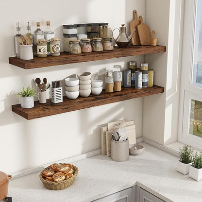 Fun Memories 55 Inch Fireplace Mantel Shelf, 10 Inch Deep Shelves for Display & Wall Storage, Rustic Wood Wall Shelf, Extra Long Floating Shelves for Living Room Laundry Room, Rustic Brown, Set of 1
