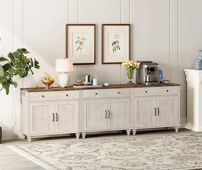 WAMAPT Buffet Cabinet with 6 Doors and 4 Drawers, Large Coffee Bar Table Wood Kitchen Storage Cabinets with Storage Cabinets, Modern Farmhouse Sideboard Credenza, Rustic White, 101 inch