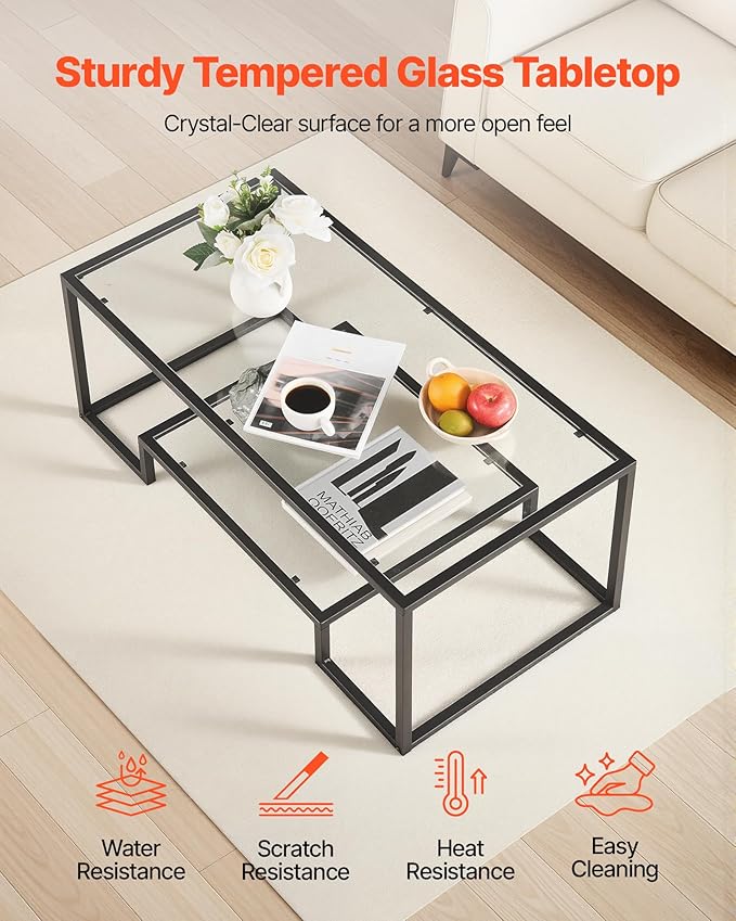 VEVOR Glass Coffee Table, Modern Glass Coffee Table, 2 Tiers Rectangle Glass Center Desk with Open Storage, Minimalist Sturdy Metal Frame Accent End Desk for Living Room, Office, Easy Assembly