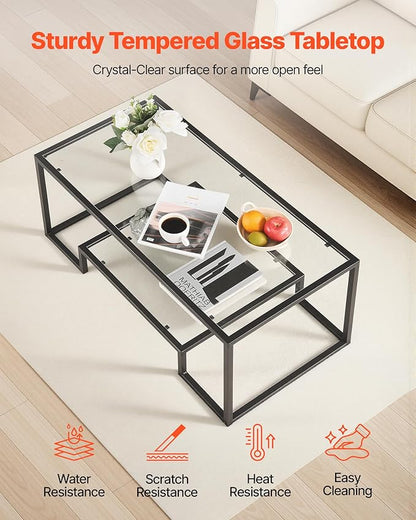 VEVOR Glass Coffee Table, Modern Glass Coffee Table, 2 Tiers Rectangle Glass Center Desk with Open Storage, Minimalist Sturdy Metal Frame Accent End Desk for Living Room, Office, Easy Assembly