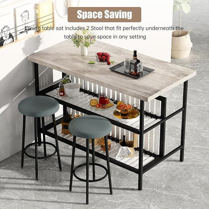 AWQM Kitchen Island with Seating & Storage Shelf, Faux Marble Island Table for Kitchen, Modern Bar Table and Chairs Set for 2,Dining Table Set for Small Space,Grey