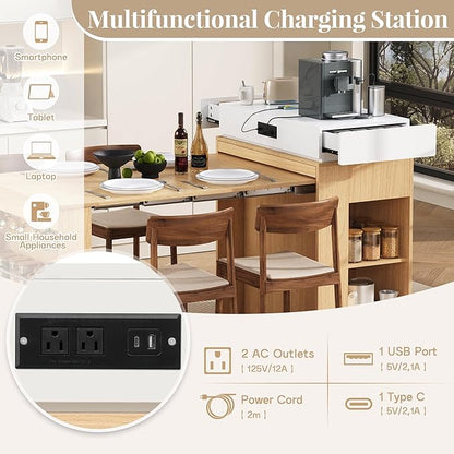 Kitchen Islands with Extendable Dining Table, Wheels and Hooks, Sideboard, Island Table with Double-Side Storage for Kitchen and Dining Room (Natural+Creamy White)
