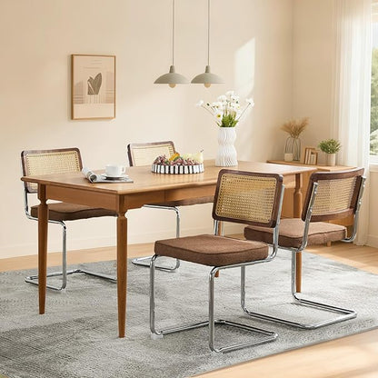 Rattan Back Linen Dining Chair Set of 4 Modern Stainless Chrome Base Armless Upholstered Side Chair for Dining Room, Kitchen Island,Coffee