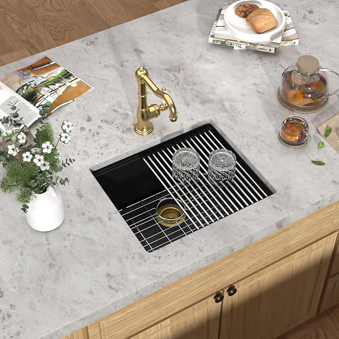 21 Inch Undermount Bar Sink Workstation - Matte Black Granite Composite Classic Quartz Single Bowl Wet Prep Sink for Small Space, Kitchen Bar, RV, Boat, and Outdoor #TLGU-129