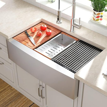 Lordear 33 Farmhouse Sink Stainless Steel Apron Front Ledge Workstation Deep Single Bowl 16 Gauge Stainless Steel Kitchen Farm Kitchen Sinks with Accessories, 9" Apron Height