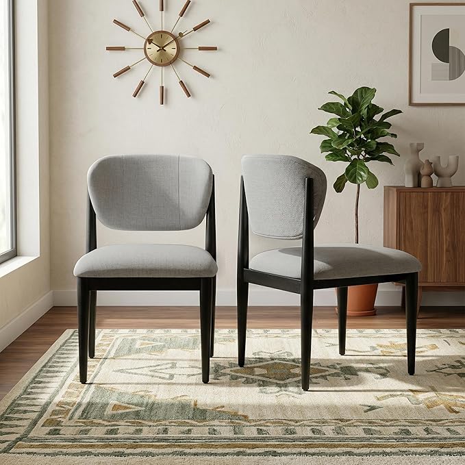 Casaphoria Dining Chairs Set of 2, Solid Black Wood Legs Upholstered Kitchen Chairs, Mid Century Modern Ergonomic Curved Back Accent Chair for Dining Room, Home Office and Vanity, Gray