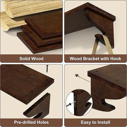 Alsonerbay Wood Floating Shelves for Wall 3 Pack, 17 inch Rustic Wall Shelves with Hook, Decorative Hanging Shelves for Bedroom Living Room Nursery Office and More Light Walnut