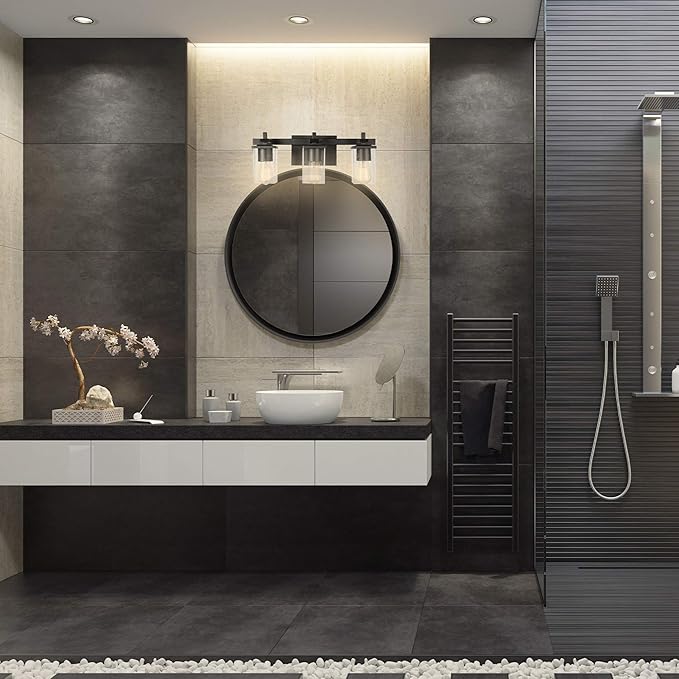 Globe Electric 51634 Dakota 5-Piece All-in-One Bathroom Set 3 Vanity Light with Seeded Glass Shades, Bar, Toilet Paper Holder, Towel Ring, Robe Hook, Matte Black