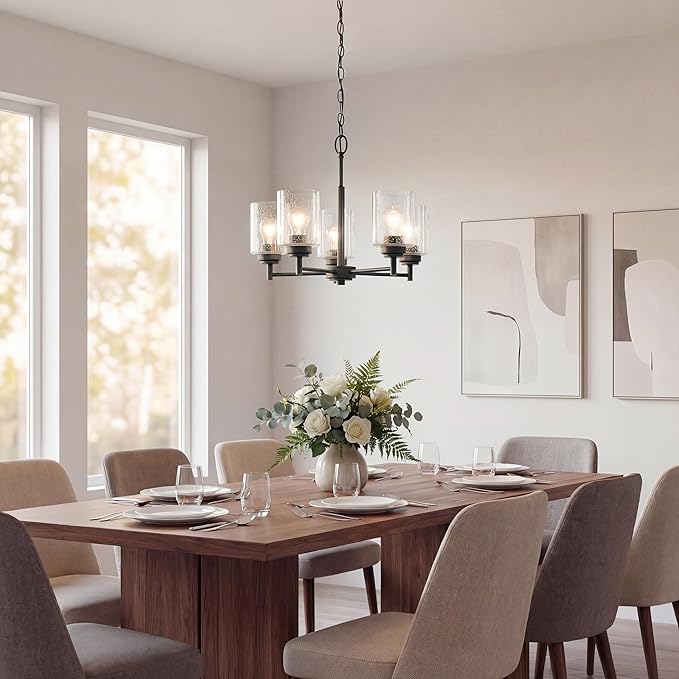 Kichler Winslow 19.75" Chandelier in Olde Bronze®, 5-Light Chandelier for Dining Room, Living Room, or Bedroom, Clear Seeded Glass, (19.75" W x 16" H), 44030OZ