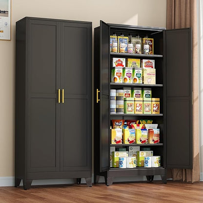 winiowa Metal Pantry Cabinet with 2 Doors and Adjustable Shelves - 71" Kitchen Storage Cabinet with Gold Handles - Versatile Storage for Kitchen, Bathroom, Dining Room, Utility Room - Black