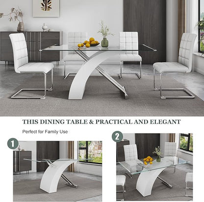 63" Rectangle Glass Dining Table, White Modern Kitchen Table with Tempered Glass Tabletop and Silver X-Shaped MDF Base, Dining Room Table for 4-6, for Kithchen, Living Room