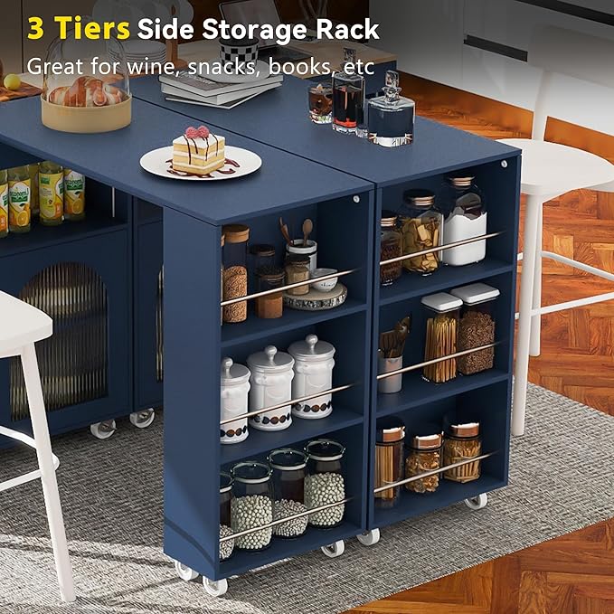 Rolling Kitchen Island with Extendable Table and LED Lights, Kitchen Cart with Power Outlets USB Ports Fluted Glass Doors Rubber Wood Top and Open Shelves,Mobile Storage Cabinet for Dining Room, Blue