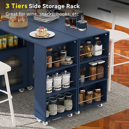 Rolling Kitchen Island with Extendable Table and LED Lights, Kitchen Cart with Power Outlets USB Ports Fluted Glass Doors Rubber Wood Top and Open Shelves,Mobile Storage Cabinet for Dining Room, Blue