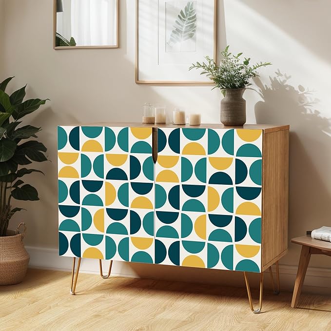 SIGNWIN Sideboard Buffet Cabinet, Kitchen Storage Cabinet with 2 Doors, Yellow & Blue Retro Polygon Pattern, Cupboard Console Table for Dining Room - 35" L x 18" W x 29" H