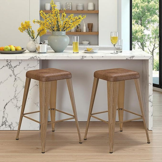 Backless Bar Stools Set of 2, Upholstered Faux Leather Counter Height Stools with Sturdy Metal Legs, 30 Inch Barstools for Kitchen Island (Walnut)