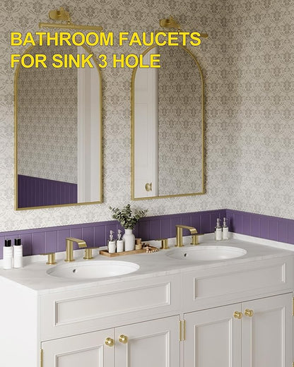 Homevacious Brushed Gold Bathroom Faucet 3 Hole 8 Inch Widespread Waterfall Bathroom Sink Faucets 2 Handles with Pop-up Drain and Supply Lines for Bath Vanity Commercial Lavatory Rv Restroom