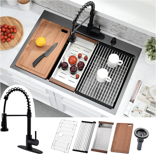 33 x 22 Black Drop In Kitchen Sink with Faucet Combo - 33 Inch Black Stainless Steel Kitchen Sink and Faucet Combo Set, Single Bowl 33 x 22 Drop In Sinks Workstation with Accessories