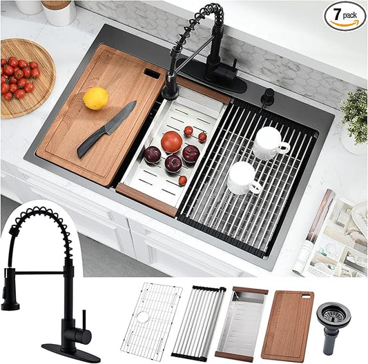 33x19 Black Drop In Kitchen Sink with Faucet - 33 Inch Drop In Kitchen Sink Workstation, 10 Inch Deep Black Stainless Steel Single Bowl Sinks with Accessories