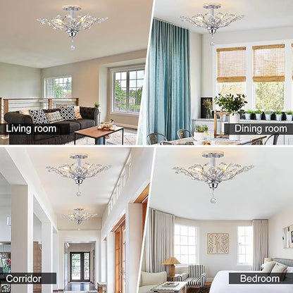 Ganeed Crystal Ceiling Light, K9 Crystal Chandeliers, Vintage Frozen Crystal Branch Close to Ceiling Lighting Fixtures with 4-Light for Living Room Dining Room Bedroom Restaurant Entryway (Chrome)
