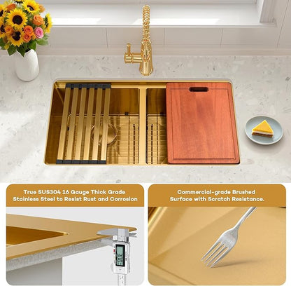 MILOSEN 30x18 Inch Gold Undermount Kitchen Sink, 50/50 Gold Double Bowl Workstation Sink with Integrated Ledge & Accessories,10''Large and Deep T304 Stainless Steel Handmade Sinks