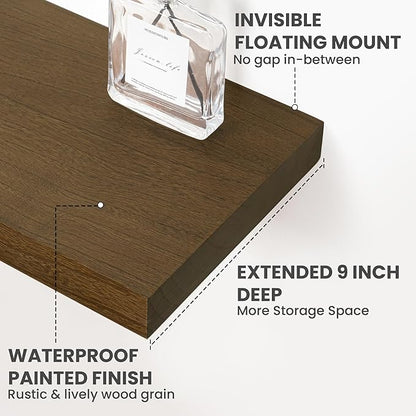 Solid Wood Floating Shelves For Wall, 55”W x 9”D x 1.56”H Large Wall Shelves for Living Room Bedroom Bathroom Kitchen Drcor Storage with Invisible Heavy-Duty Metal Bracket, Light Brown, Set of 1
