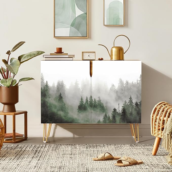 SIGNWIN Sideboard Buffet Cabinet, Kitchen Storage Cabinet with 2 Doors, Mist & Fog Pine Tree Forest Landscape, Cupboard Console Table for Dining Room - 35" L x 18" W x 29" H