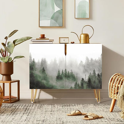 SIGNWIN Sideboard Buffet Cabinet, Kitchen Storage Cabinet with 2 Doors, Mist & Fog Pine Tree Forest Landscape, Cupboard Console Table for Dining Room - 35" L x 18" W x 29" H